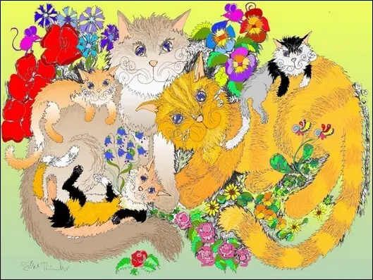 Katzenkalender:Katzenfamilie im Glück, Katzenbilder, Katzenillustration, Katzenkunst, Kunst