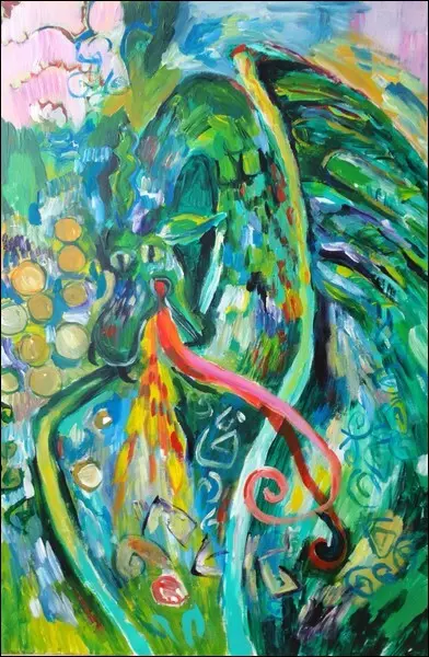 Malerei, Gemälde, Original, Kunst mit grünem Drache, Art in Bildern für Kalender, Kinderbuch