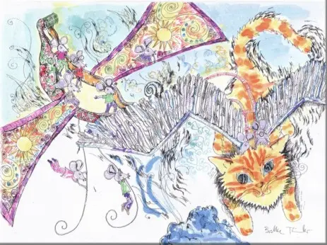 kolorierte Zeichnung, Kunst mit Katze, Maus, Waldmaus, Fledermaus