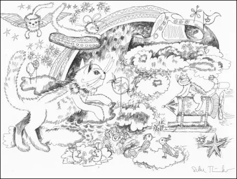 Katzenbilder, Illustration, Grafik, Zeichnung mit geflügelter, Fliegender Katze