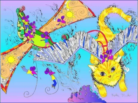 Illustration mit geflügelter, fliegender Katze zum Katzenbuch, Kinderbuch