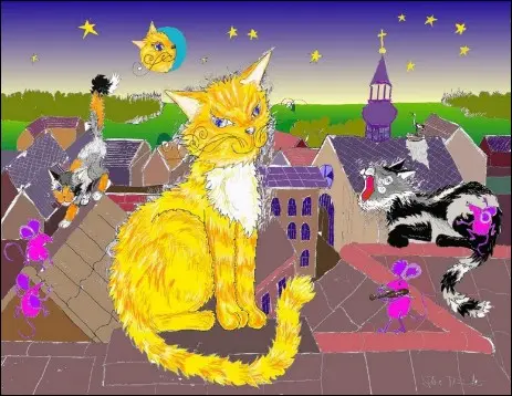 Katzenkalender, Katzensingen auf dem Dach, Katzen maunzen, miauen zur Mondmiez