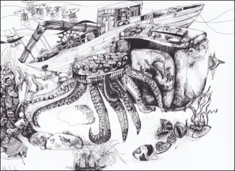 Grafiken, Zeichnungen, Illustrationen, Bilder in der Kunst zur Geschichte mit Seeungeheuer