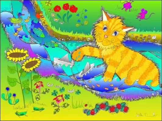 Katzenkalender mit Poesie: Roter Main Coon Kater Kimba beim Baden im Wasser