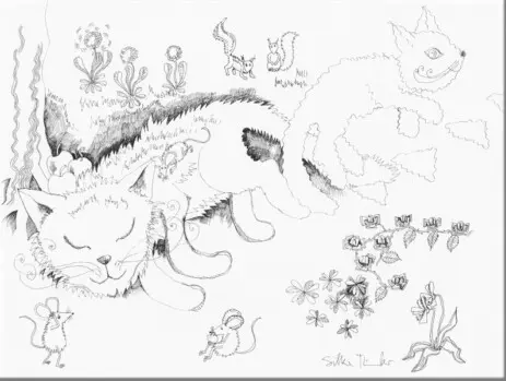 Grafik, Zeichnung, Kunst mit Katze, Waldmaus, Maus, Fledermaus