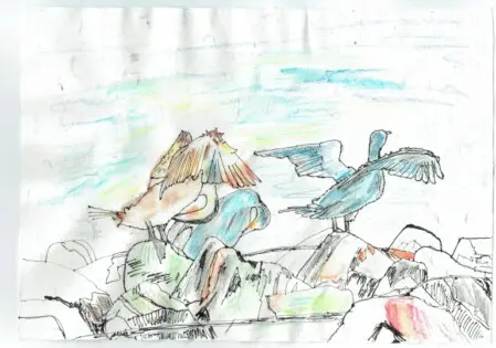 Tiere in der Kunst, Grafik, Tusche, Wachsaquarell