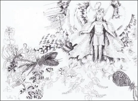 Kunst in Zeichnung, Kinderbuchillustration,Geschichte, Erzählung mit Seeungeheuer